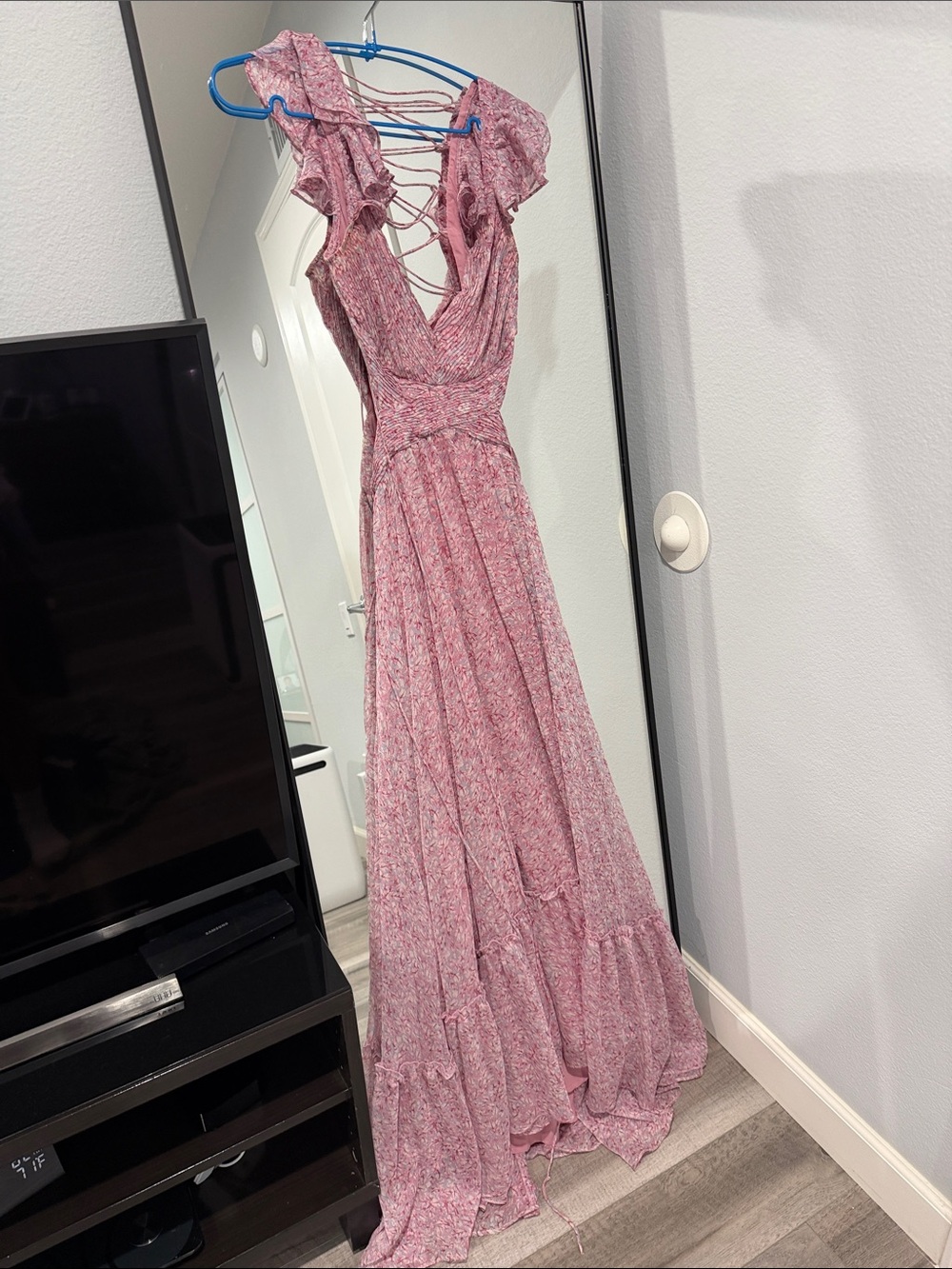 Astr Pink Floral Maxi Dress with Ruffle Shoulders and Lace-Up Back